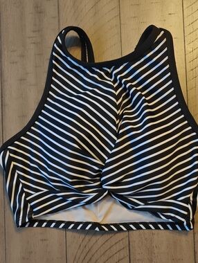 Kona Sol Black and White Striped High Neck Bikini Top